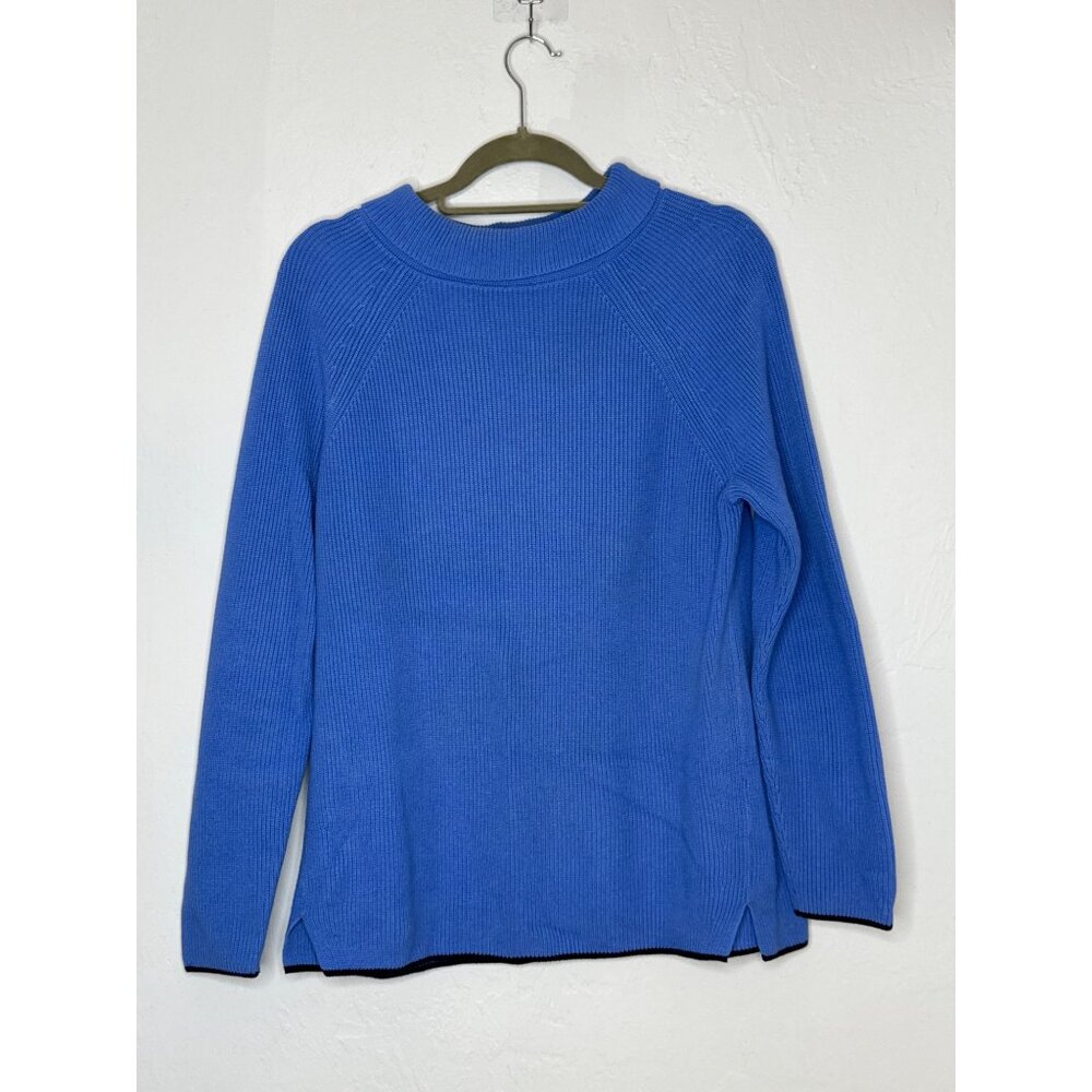 Talbots 100% Pima Cotton Ribbed Knit Fold Over Neck Sweater Tunic Blue Medium